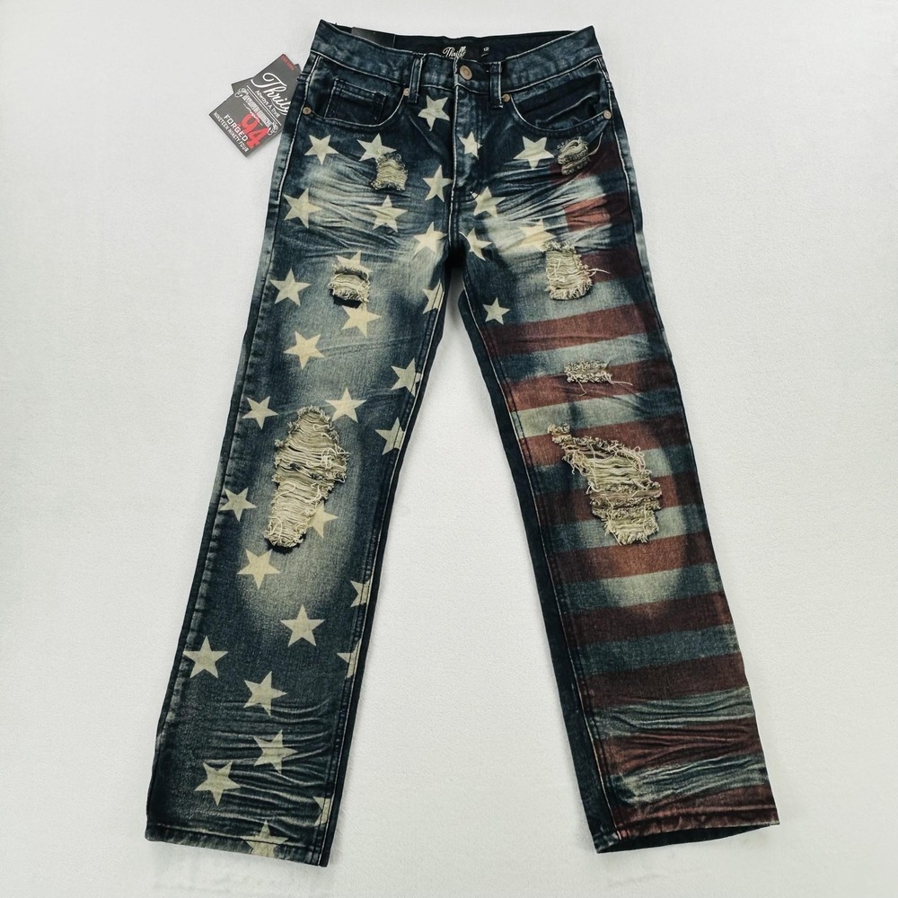 Thrill Jeans Youth 12 Blue American Flag Stars Stripes Distressed Ripped USA NEW